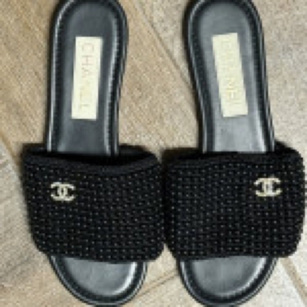 CHANEL Black Crystal-Embellished Slide Mules